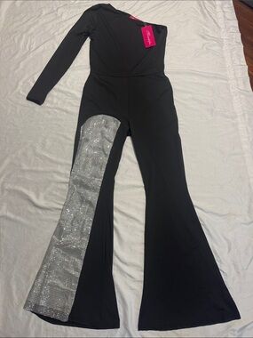 NWT Mundefeis Black One Shoulder Rhinestone Jumpsuit Flare Leg Party Romper S